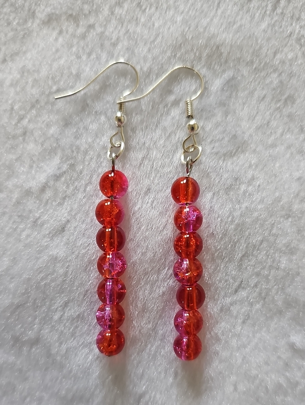 Red and Pink Crackle Glass Bead Drop Earrings
